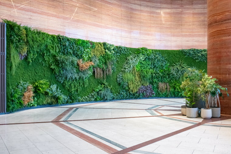 曲面の壁一面に植栽を施したウォールグリーンの写真