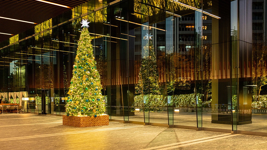 夜の商業ビル前に立つイルミネーションのクリスマスツリーの写真