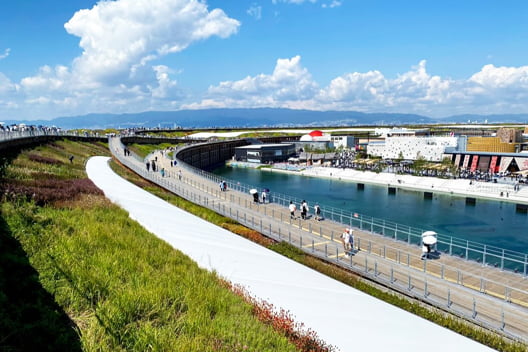 水辺沿いに整備された緑地を見渡した写真
