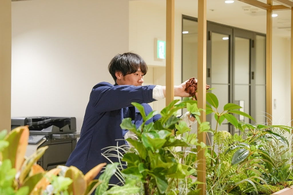 オフィスの室内植栽を手入れする社員の写真