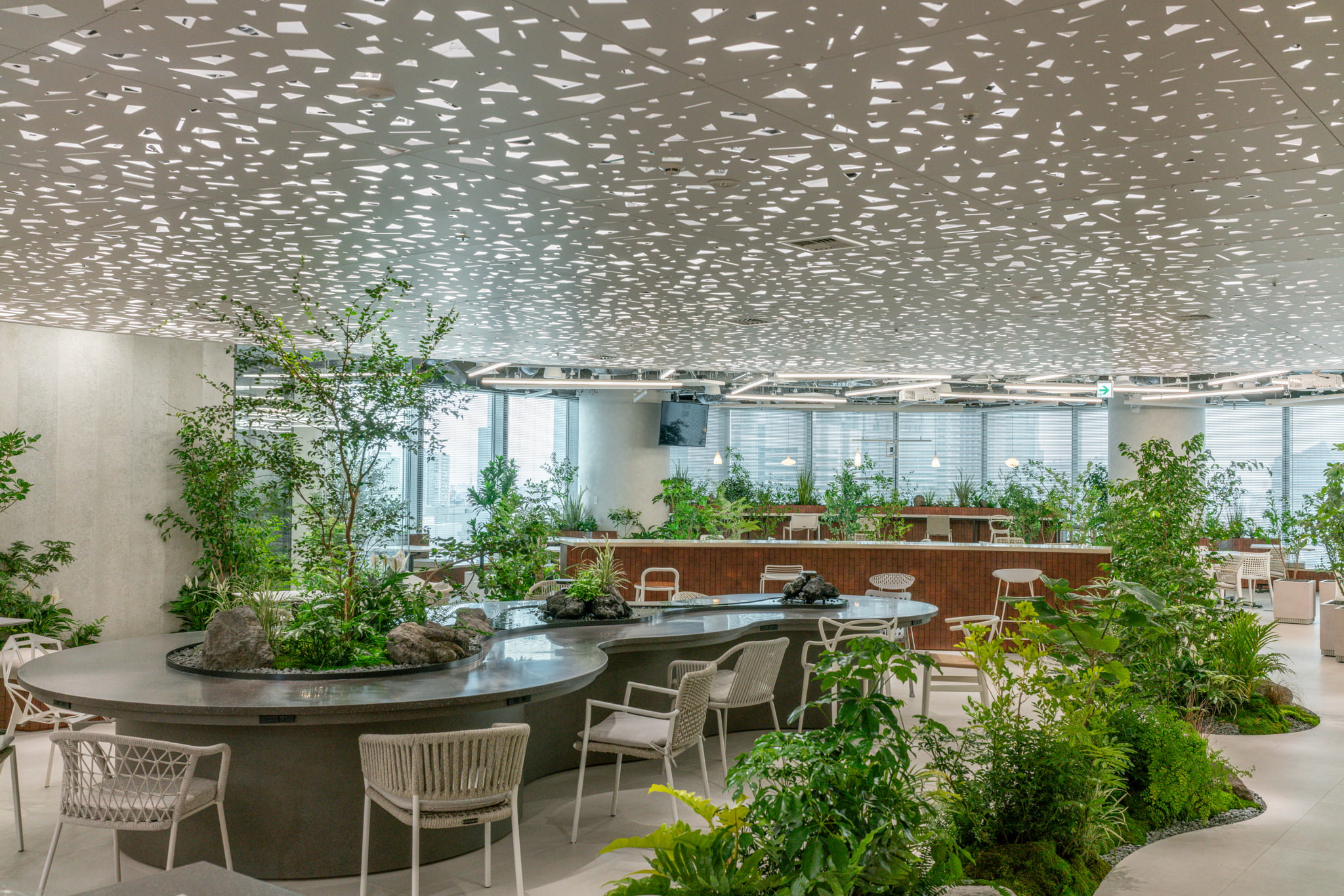 模様の入った天井の下に植栽を配したオフィスの写真