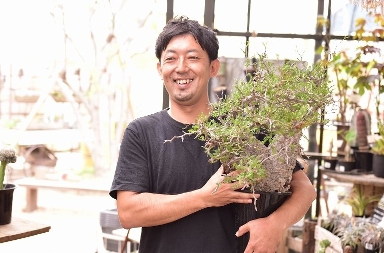 温室のショップで大きな鉢植えを抱える社員の写真