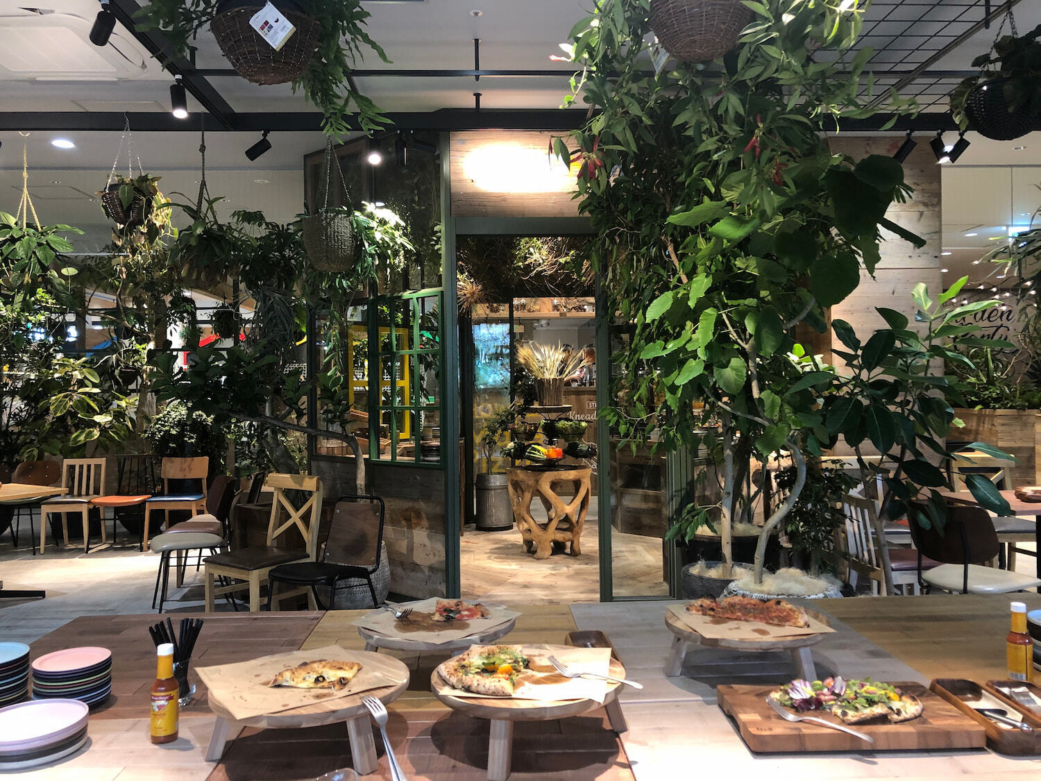 植物に囲まれたカフェの店内と、テーブルに並んだピザの写真